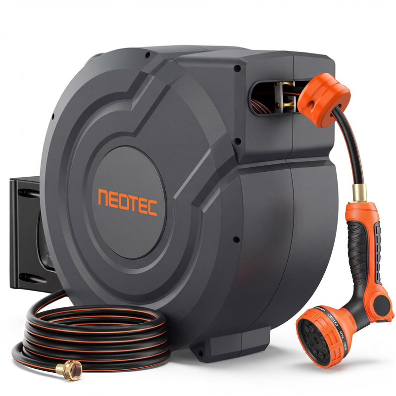 NEOTEC Upgraded Retractable Garden Hose Reel 100ft 5/8 Inch Wall Mount 180° Swivel with 9 Pattern Nozzle G405830