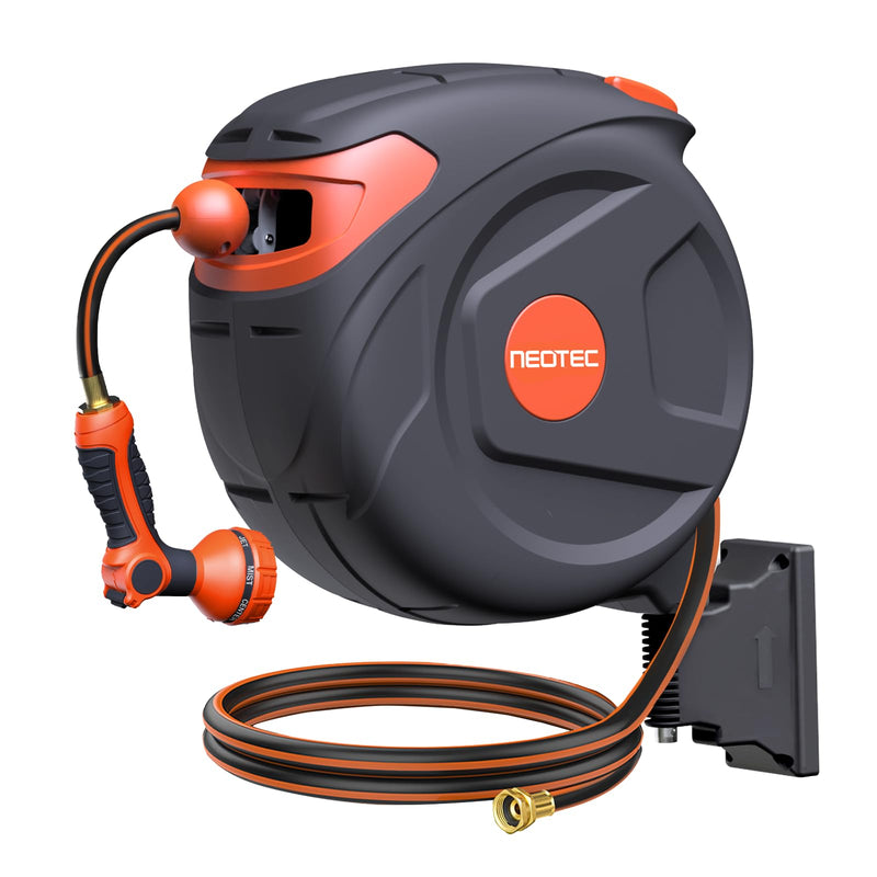NEOTEC Retractable Garden Hose Reel 65ft 5/8 Inch, Wall Mount 180° Swivel with 9 Pattern Nozzle G30A5820