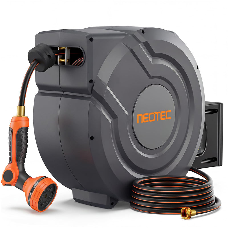 Upgraded Retractable Garden Hose Reel 1/2 inch x 130 ft Any Length Lock 9 Pattern Nozzle G401240A