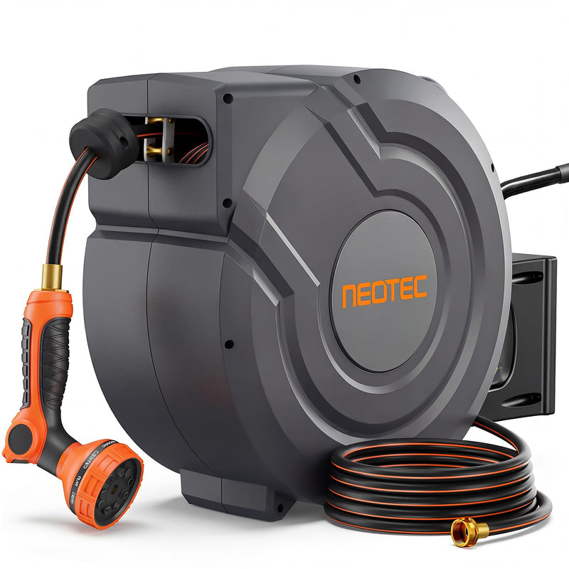 NEOTEC Retractable Garden Hose Reel 115ft 5/8 Inch Wall Mount 180° Swivel with 9 Sprayer Nozzle G505835